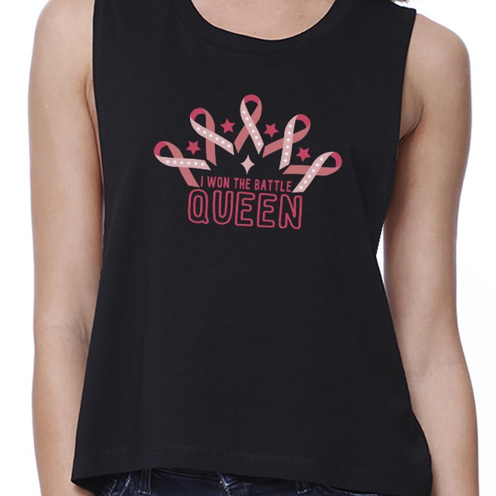 Won The Battle Queen Breast Cancer Awareness Womens Black Crop Top