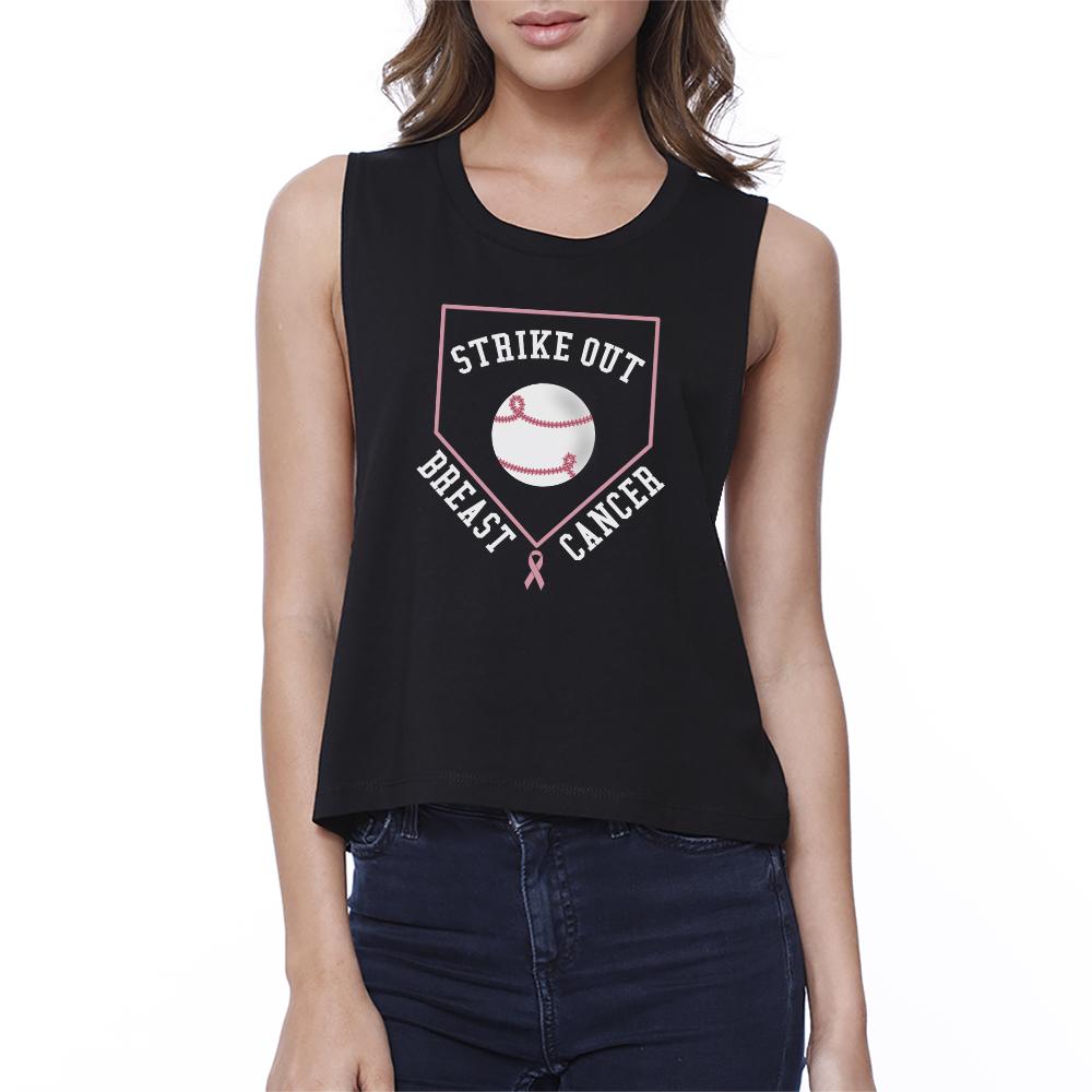 Strike Out Breast Cancer Baseball Womens Black Crop Top