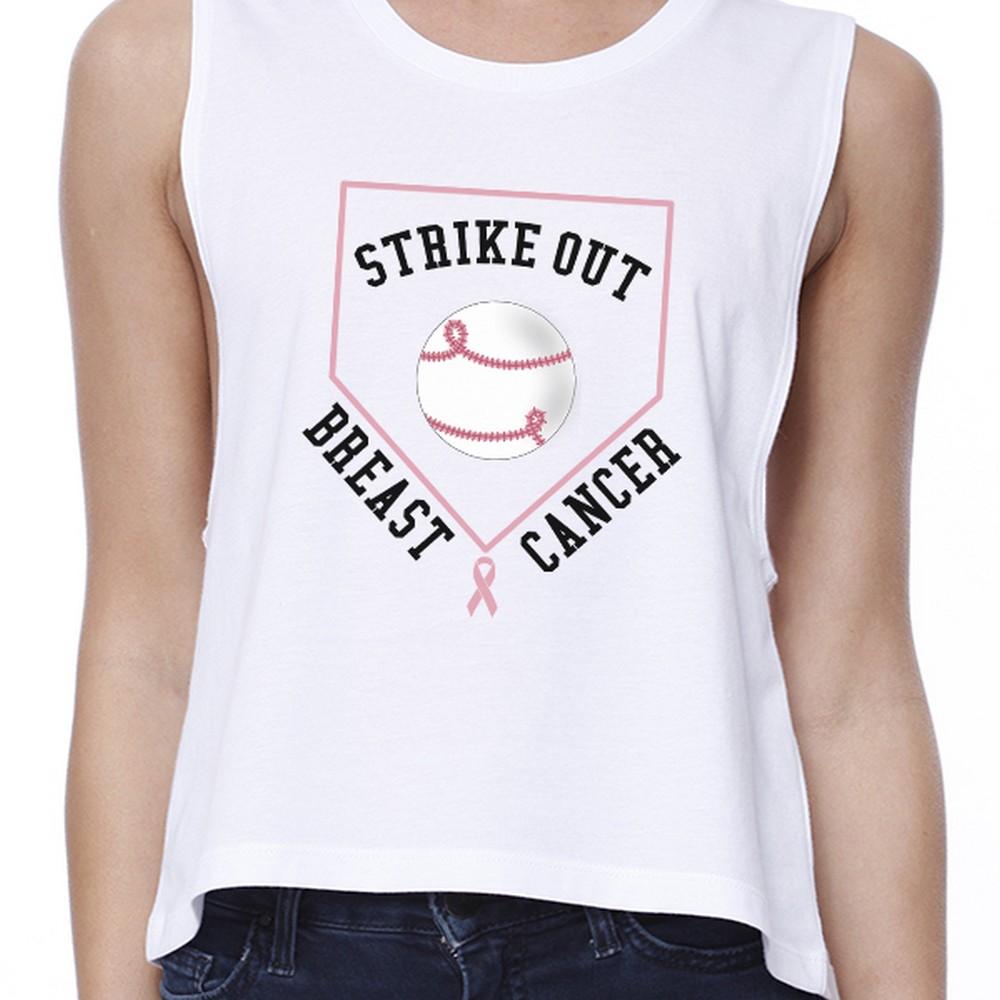 Strike Out Breast Cancer Baseball Womens White Crop Top