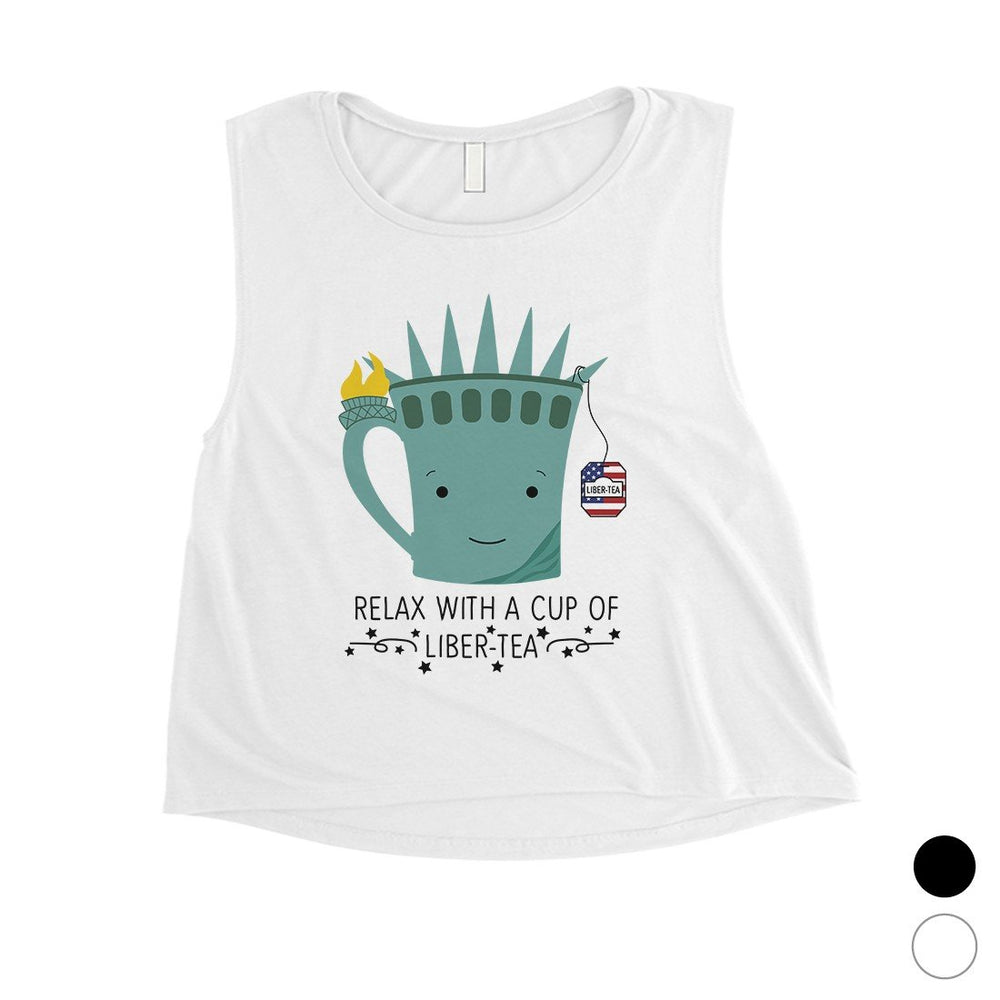 Cup Of Liber-Tea Womens Cute Graphic 4th of July Crop Tee For Gym