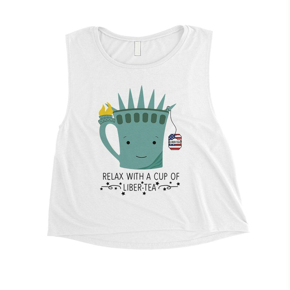 Cup Of Liber-Tea Womens Cute Graphic 4th of July Crop Tee For Gym