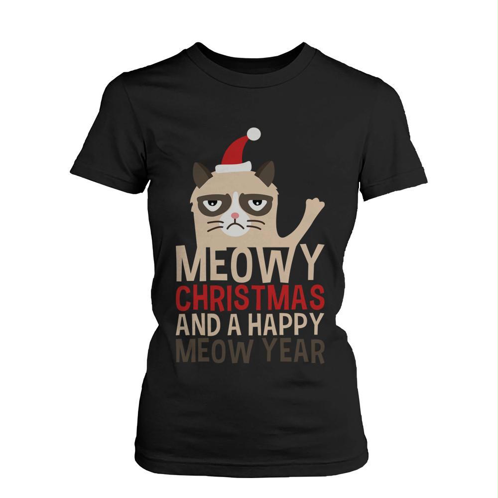 Women's Christmas Graphic Tees - Cute Grumpy Cat Meowy X-mas Black T-shirt