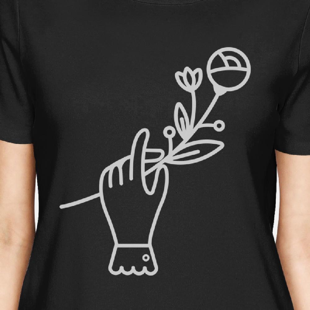 Hand Holding Flower Black Cute Graphic Tee For Women Round Neck