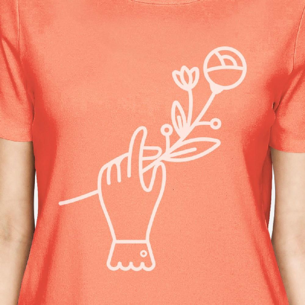 Hand Holding Flower Peach Crewneck Cotton Graphic Shirt For Ladies