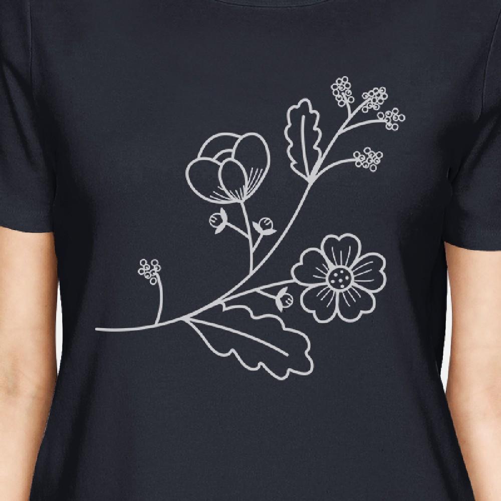 Flower Women's Navy Round Neck T Shirt Lovely Graphic Design Tee