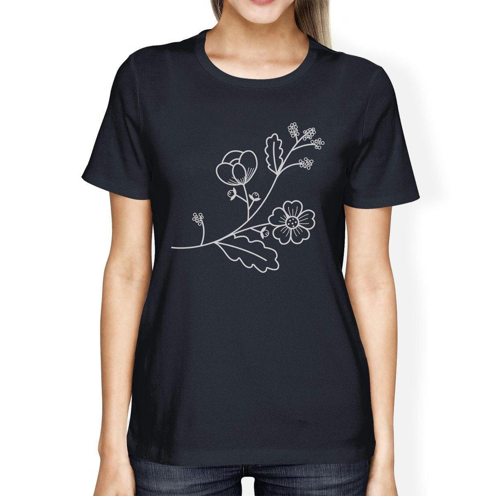 Flower Women's Navy Round Neck T Shirt Lovely Graphic Design Tee