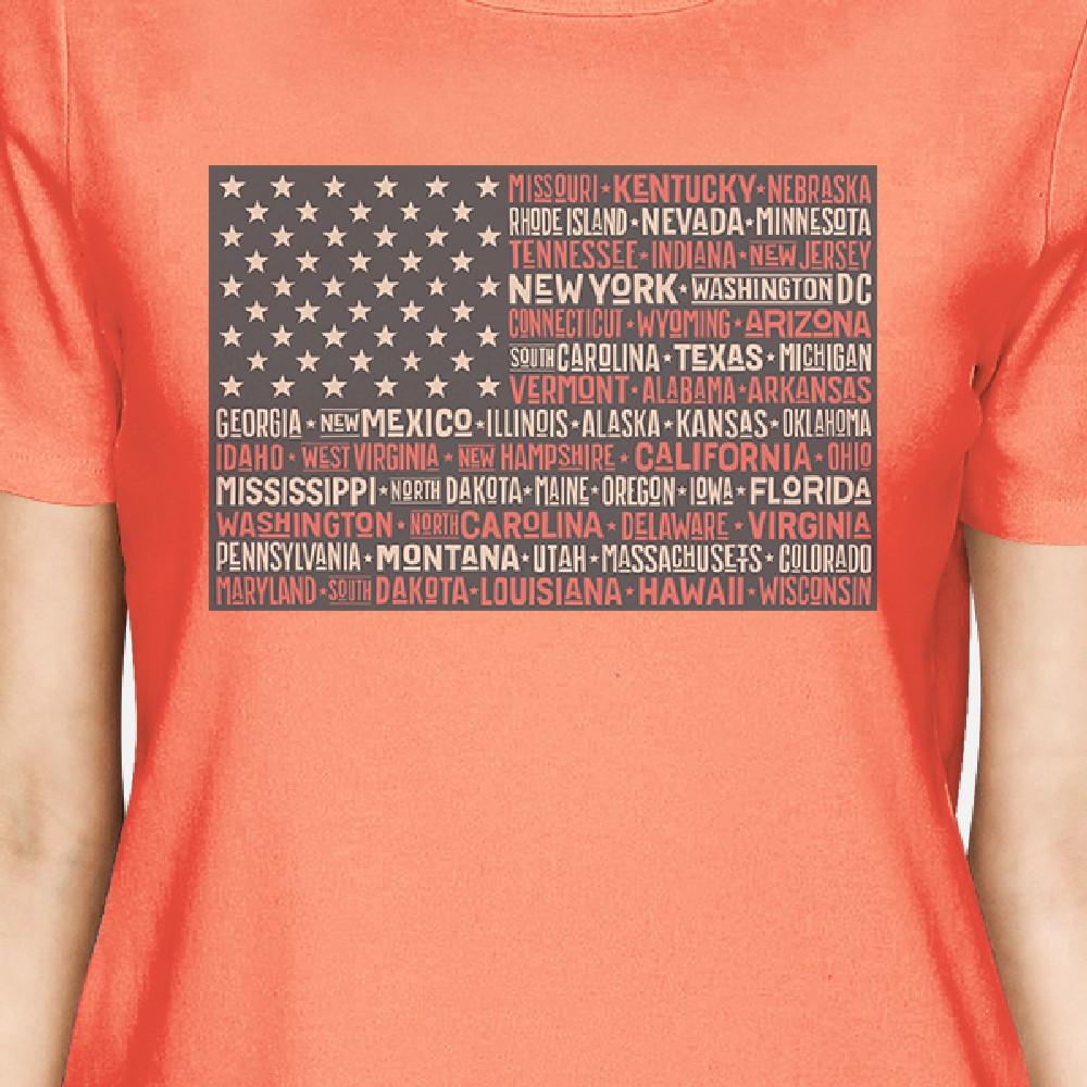 50 States American Flag Shirt Womens Peach Cotton Graphic Tee