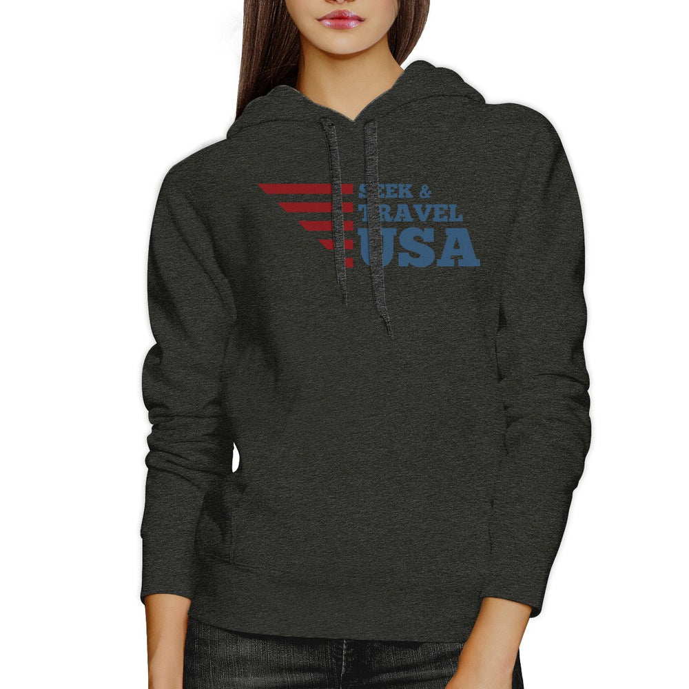 Seek Travel USA Unisex Graphic Hoodie Dark Gray Round Neck Fleece