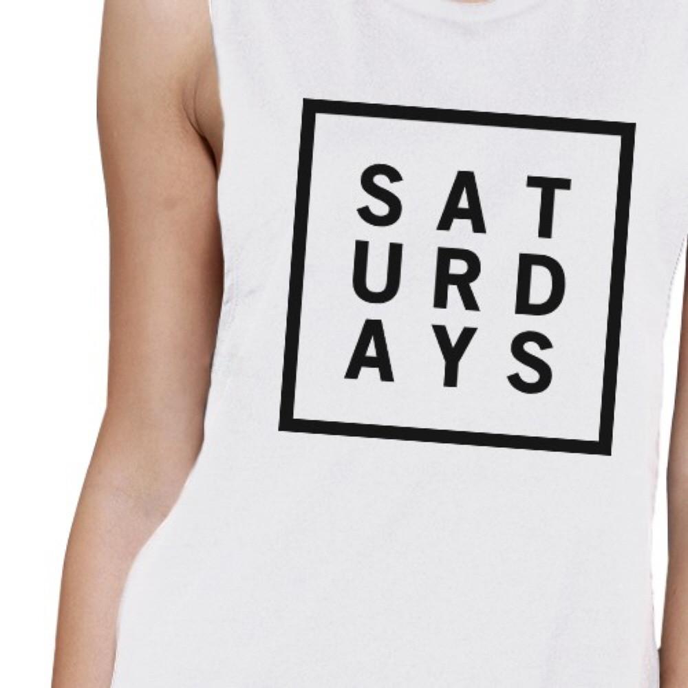 Saturdays Womens White Muscle Top Trendy Typography Workout Shirt