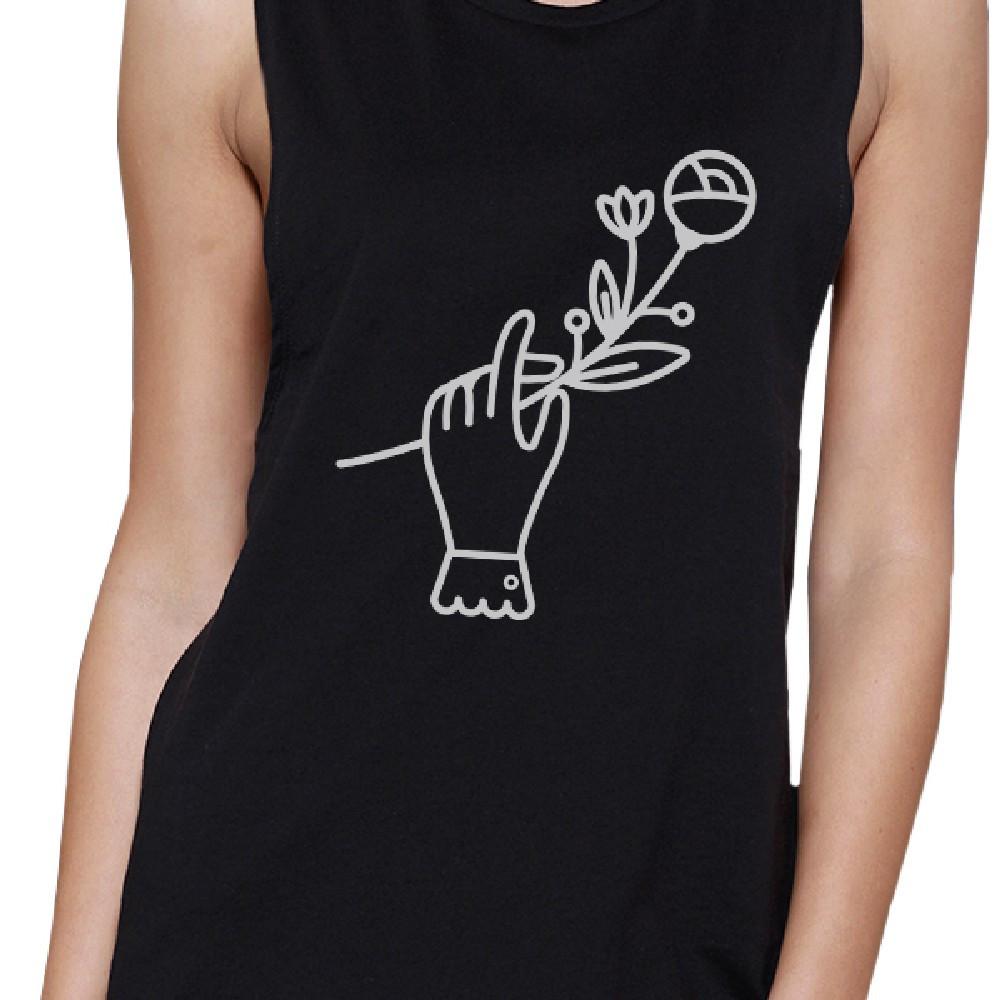 Hand Holding Flower Black Cute Muscle Top Round Neckline Tank Top