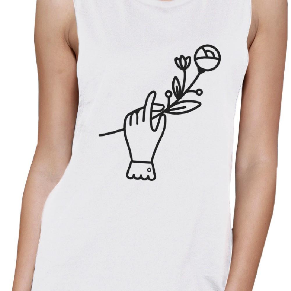 Hand Holding Flower White Muscle Tee Trendy Design Crewneck Style