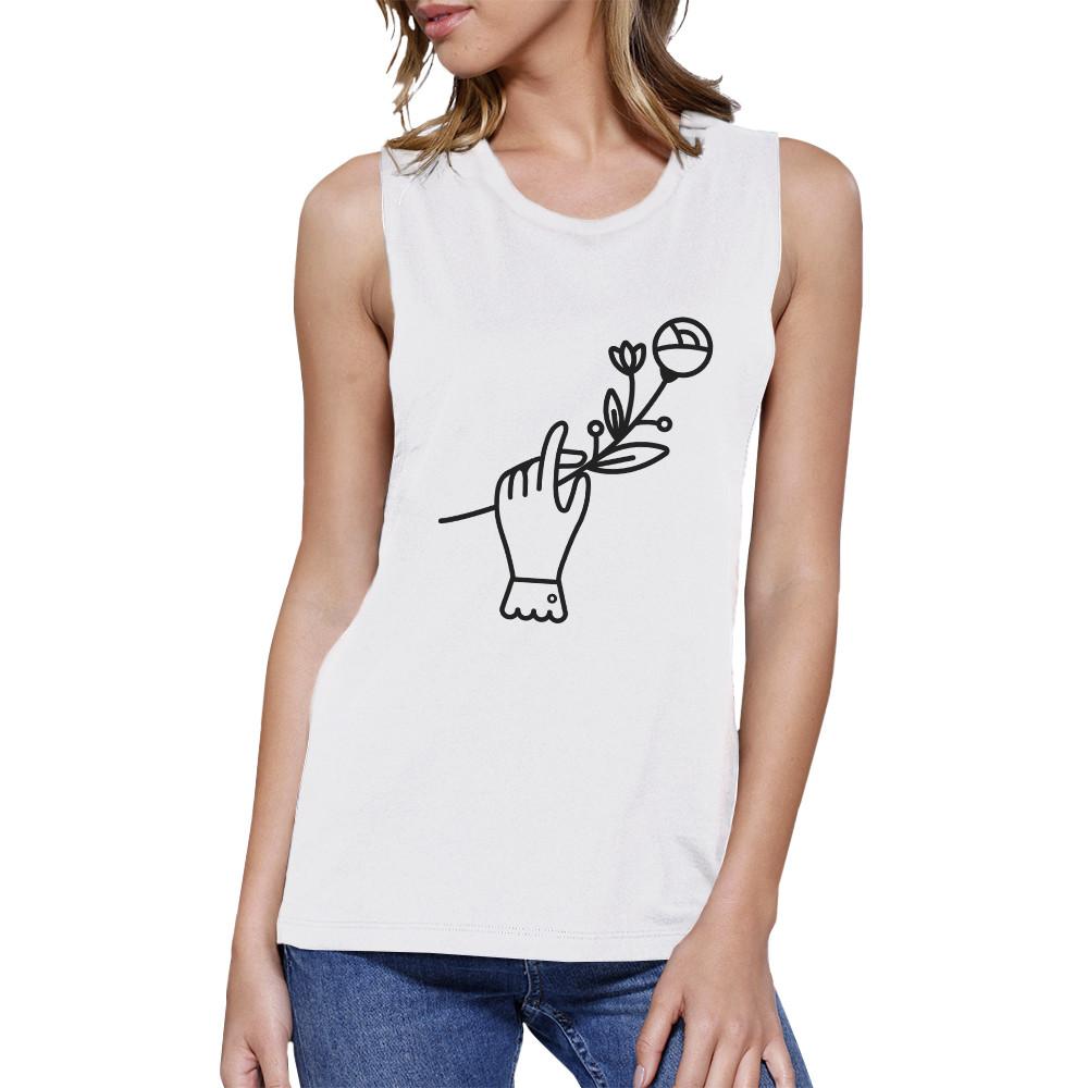 Hand Holding Flower White Muscle Tee Trendy Design Crewneck Style