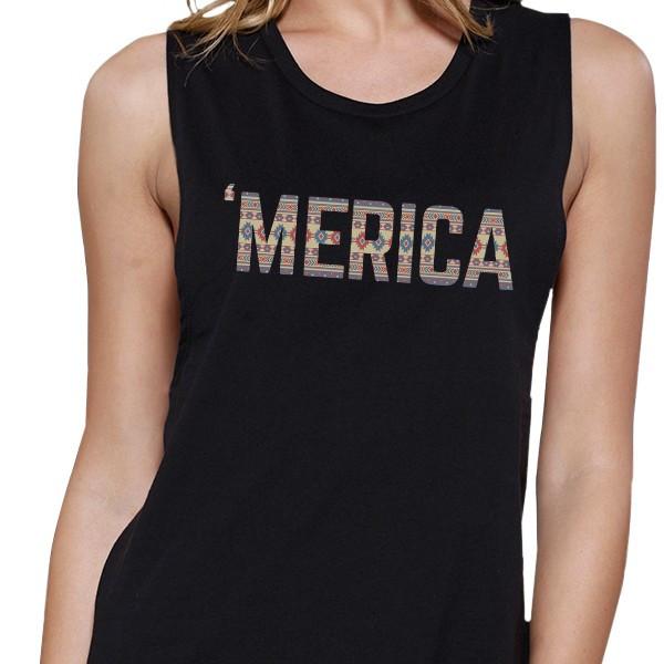 'Merica Womens Black Muscle Tee America Tribal Pattern Lettering