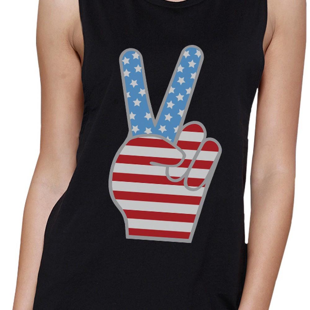 American Flag Cute Peace Sign 4th Of July Women Black Muscle Tee