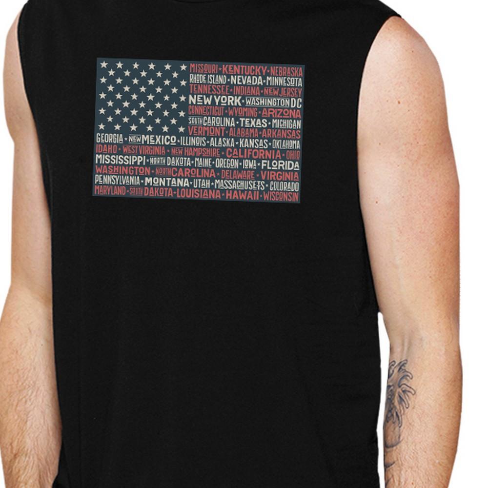 50 States Us Flag Mens Black Muscle Top Cap Sleeve For 4th Of July