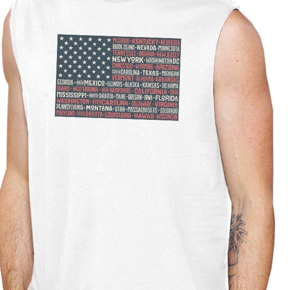 50 States Us Flag Mens White Muscle Top Cap Sleeve For 4th Of July