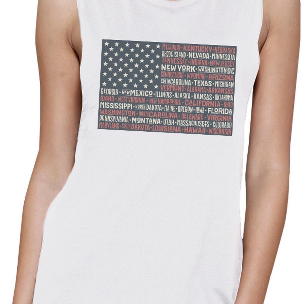 50 States Us Flag Womens White Muscle Top Cap Sleeve For 4 Of July