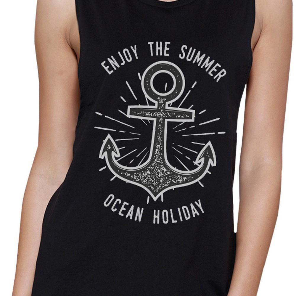 Enjoy The Summer Ocean Holiday Womens Black Muscle Top