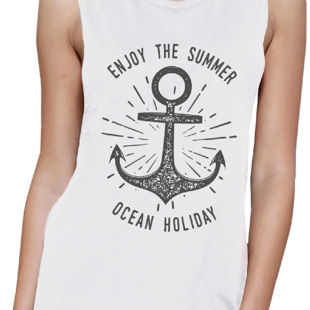 Enjoy The Summer Ocean Holiday Womens White Muscle Top