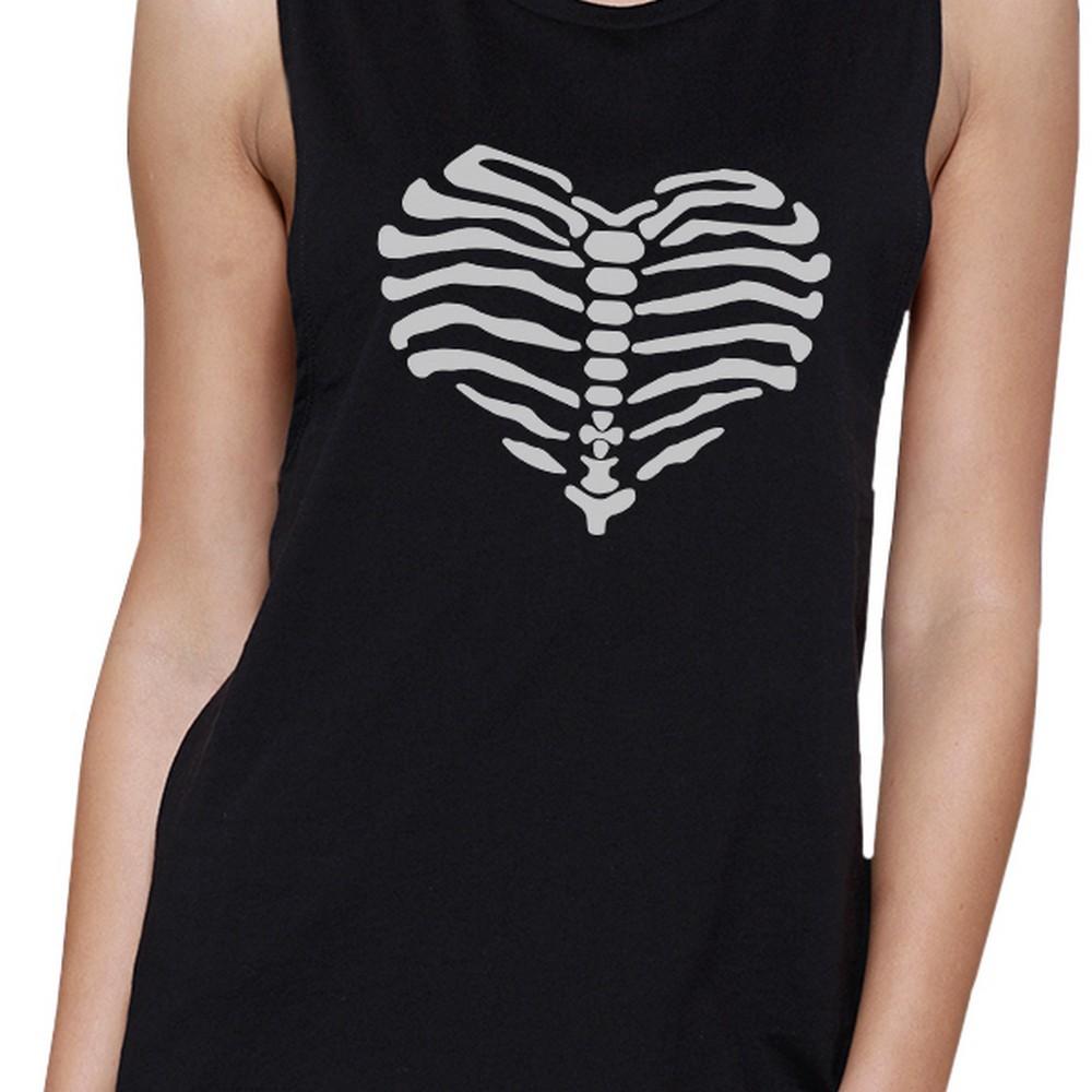 Skeleton Heart Womens Black Muscle Top