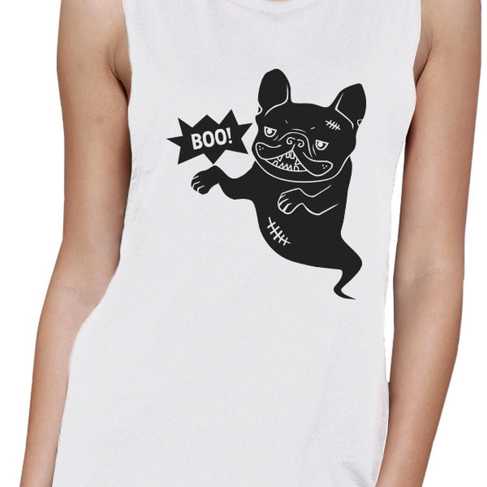 Boo French Bulldog Ghost Womens White Muscle Top