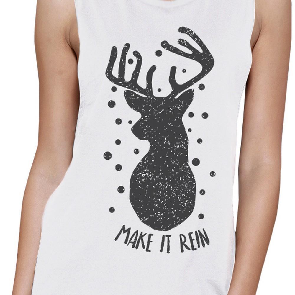 Make It Rein Vintage Reindeer Womens White Muscle Top