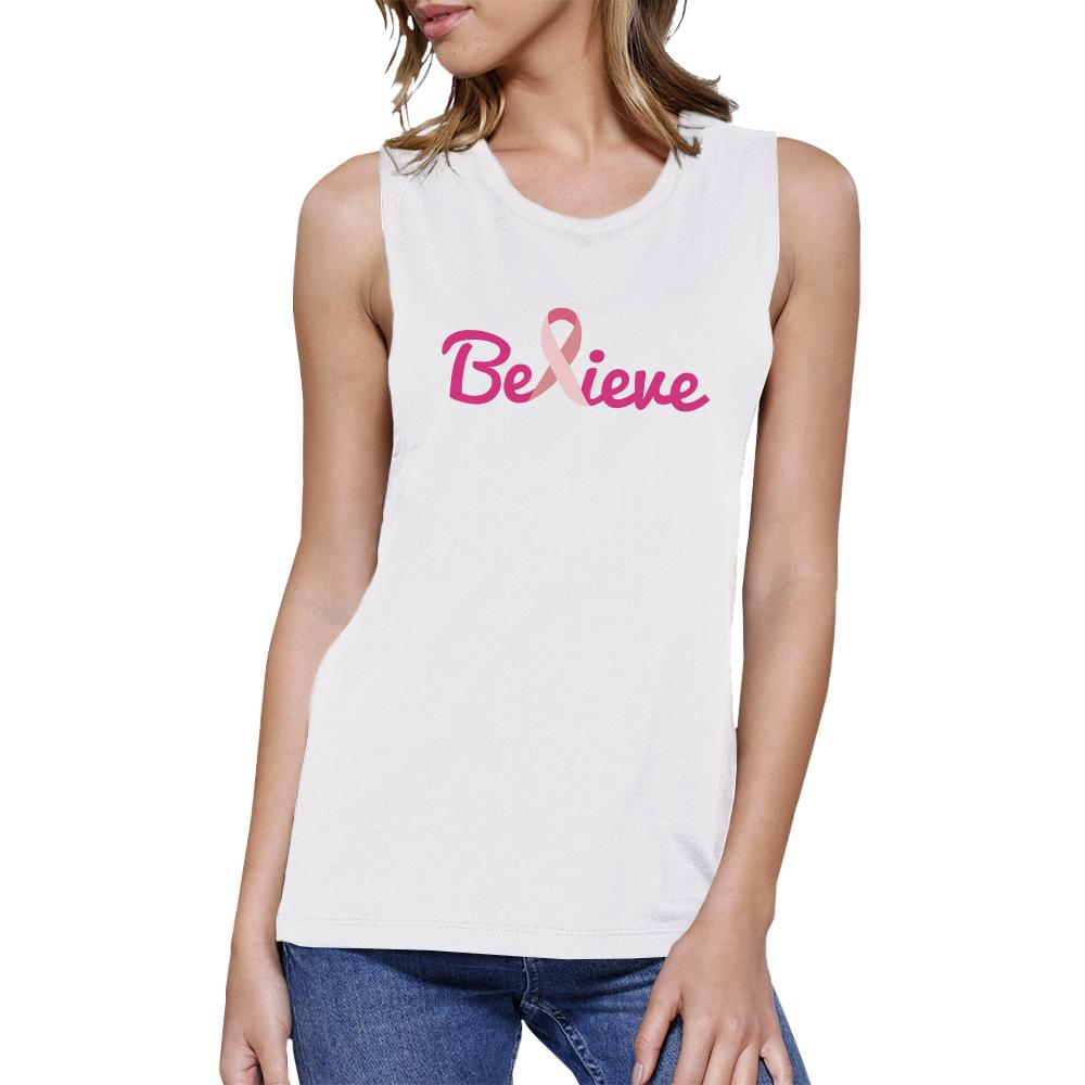 Believe Breast Cancer Awareness Womens White Muscle Top