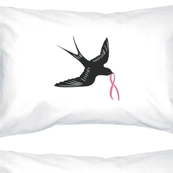 Pink Ribbon And Swallows Birds White Pillowcases