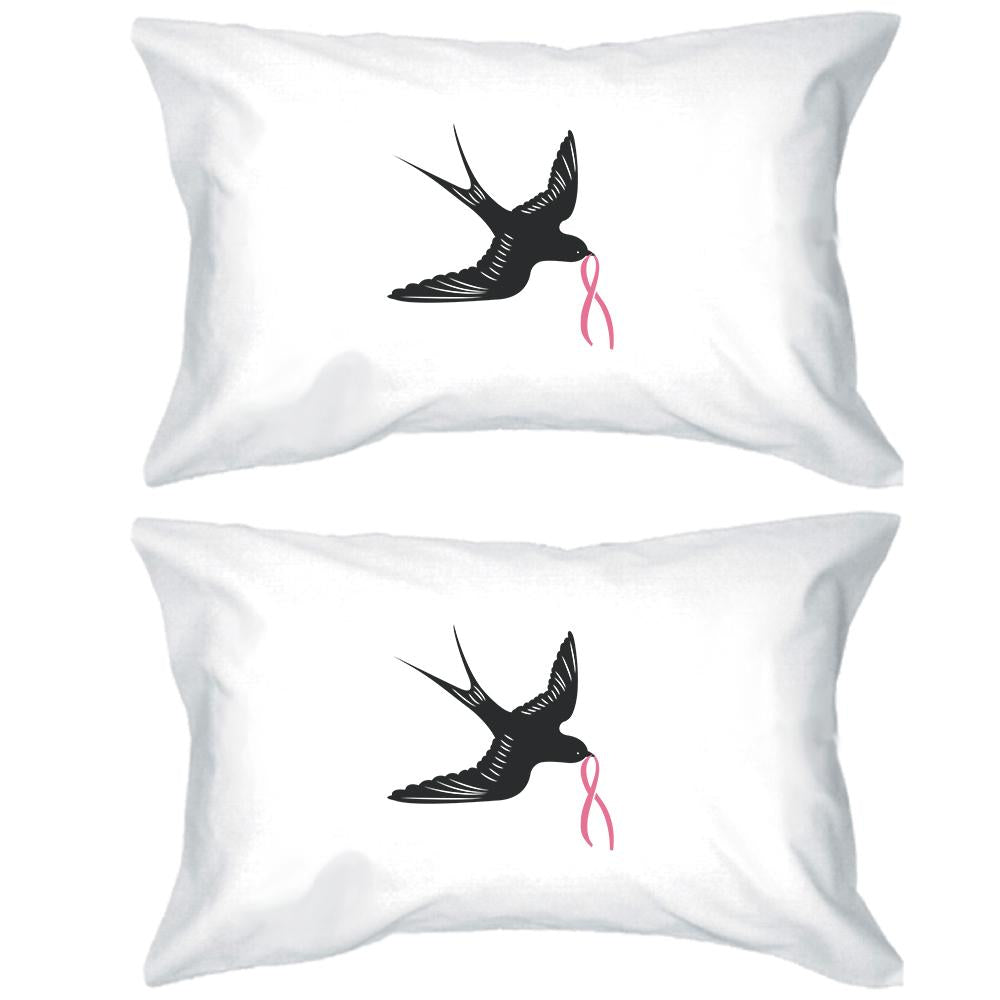 Pink Ribbon And Swallows Birds White Pillowcases