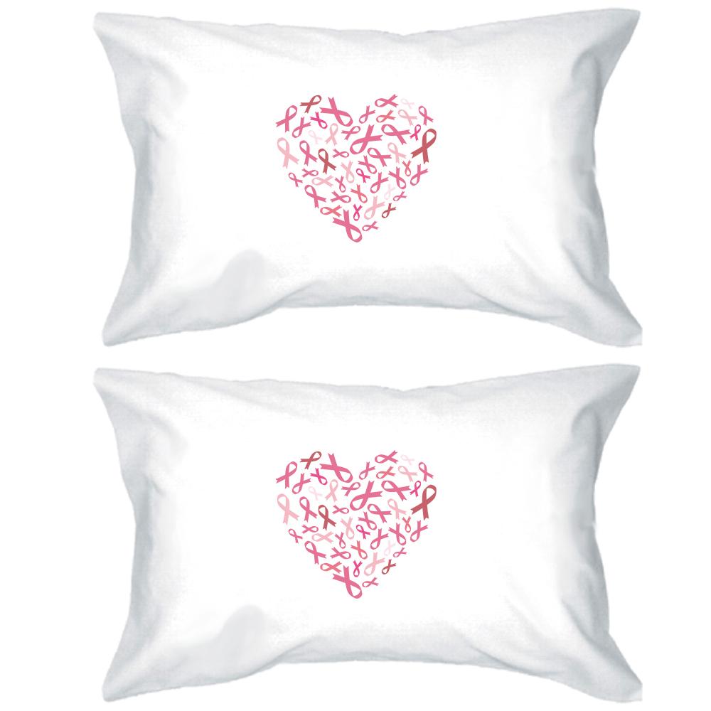 Pink Ribbon Heart White Pillowcases