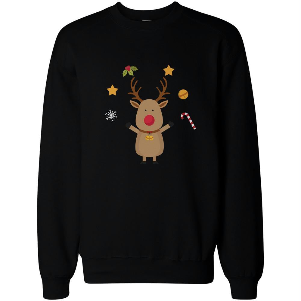 Cute Rudolph Christmas Graphic Design Printed Black Sweatshirt