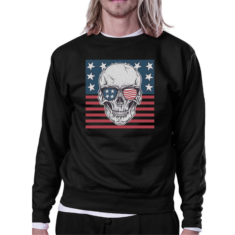 Skull American Flag Unisex Black Sweatshirt Round Neck Pullover