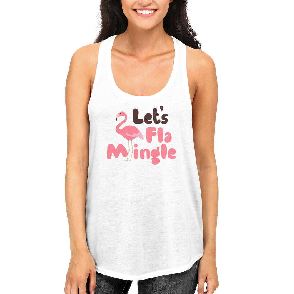 Cute White Let's FlamMingle women tank top for summer beach yoga gym wear