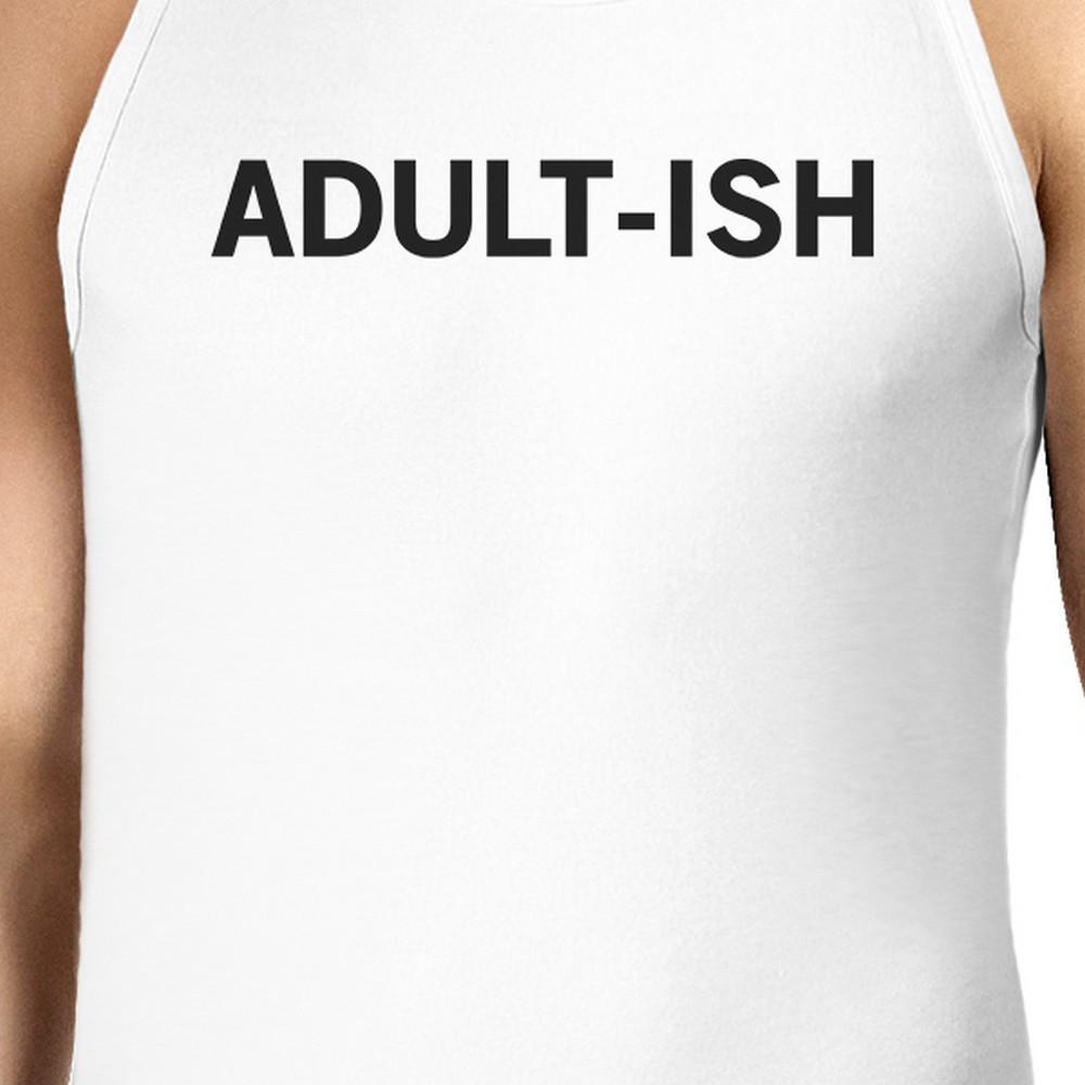 Adult-ish Mens White Sleeveless Tank Top Trendy Typography Top