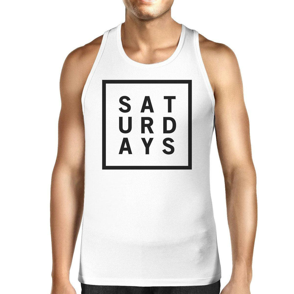 Saturdays Mens White Sleeveless Tank Top Simple Typography Top