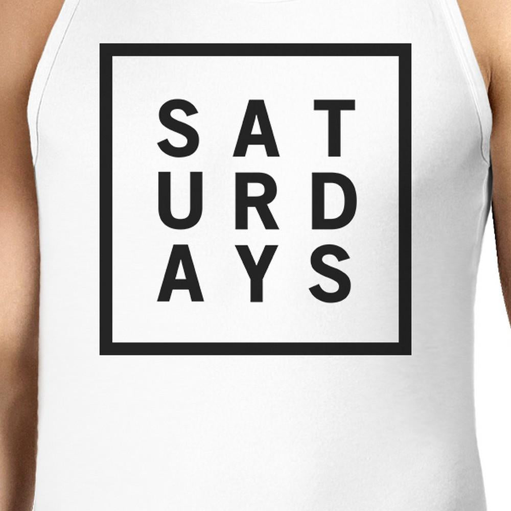 Saturdays Mens White Sleeveless Tank Top Simple Typography Top