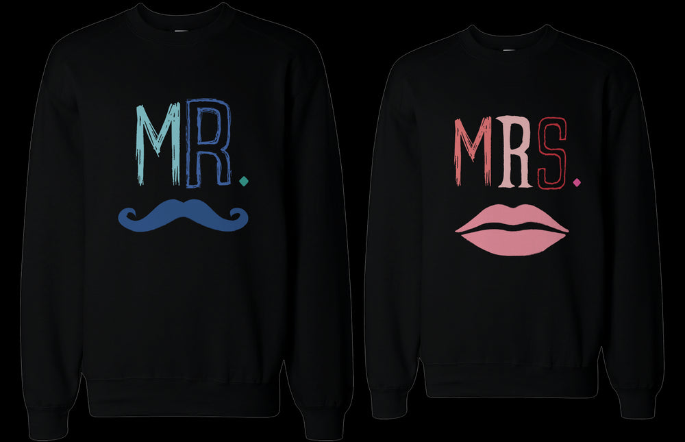 His and Her Mr Mustache and Mrs Lips Matching Sweatshirts for Couples